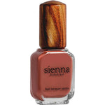 Clear rectangular Sienna Byron Bay Life nail-polish bottle filled with muted terracotta-red polish, with black lettering and a tall wood-grain cap.