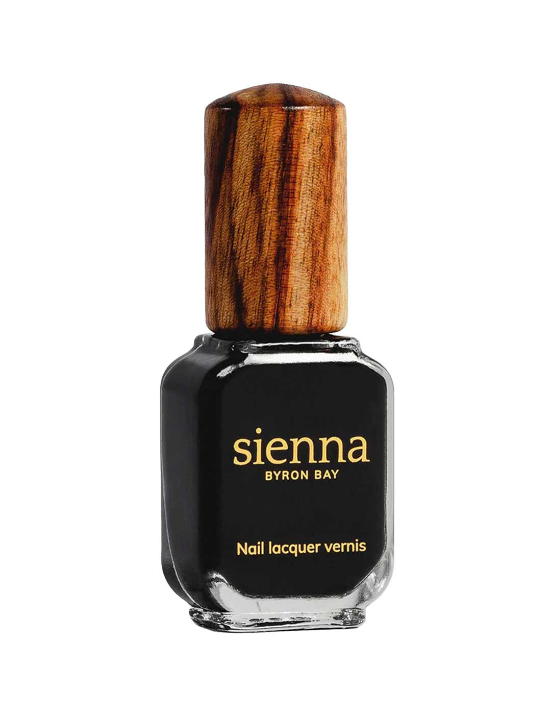 A bottle of Sienna Byron Bay Nail Polish in Onyx, featuring a wooden cap, is shown against a white background.