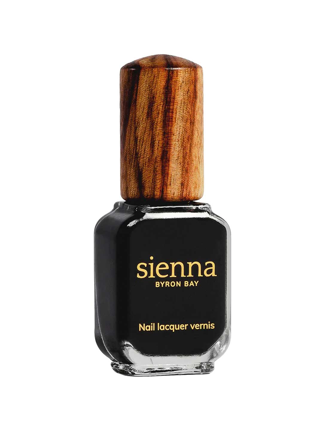 A bottle of Sienna Byron Bay Nail Polish in Onyx, featuring a wooden cap, is shown against a white background.