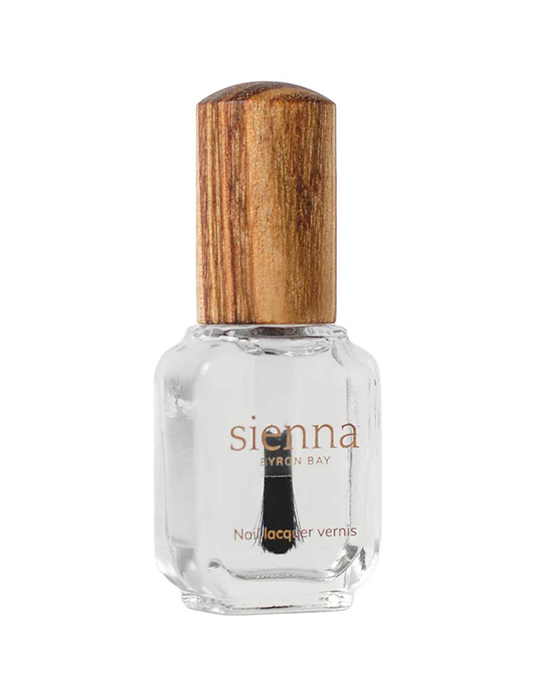 A clear glass bottle of Sienna Byron Bay Glossy Top Coat with a natural wooden cap, photographed on a white background.
