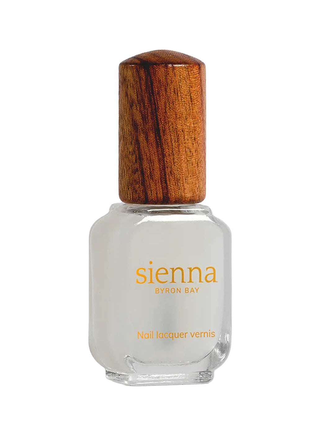 A clear glass bottle of Sienna Byron Bay Matte Top Coat with a wooden cap. The yellow label reads sienna BYRON BAY and Matte Top Coat. The bottle holds a white or pale matte top coat nail polish.