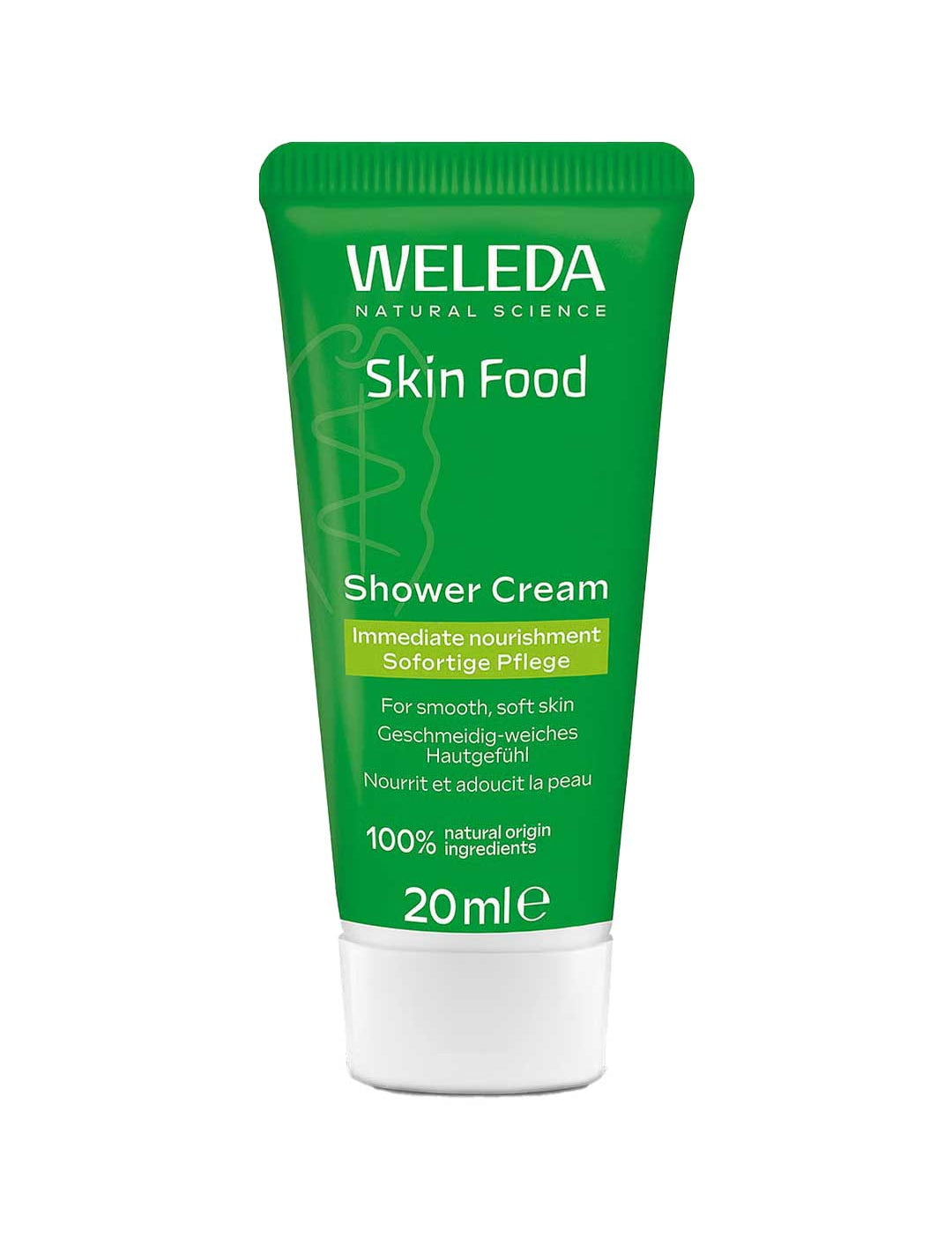 A green tube of Weleda Skin Food Shower Cream 200ml, a nourishing body wash for immediate nourishment and smooth, soft skin with 100% natural origin ingredients.
