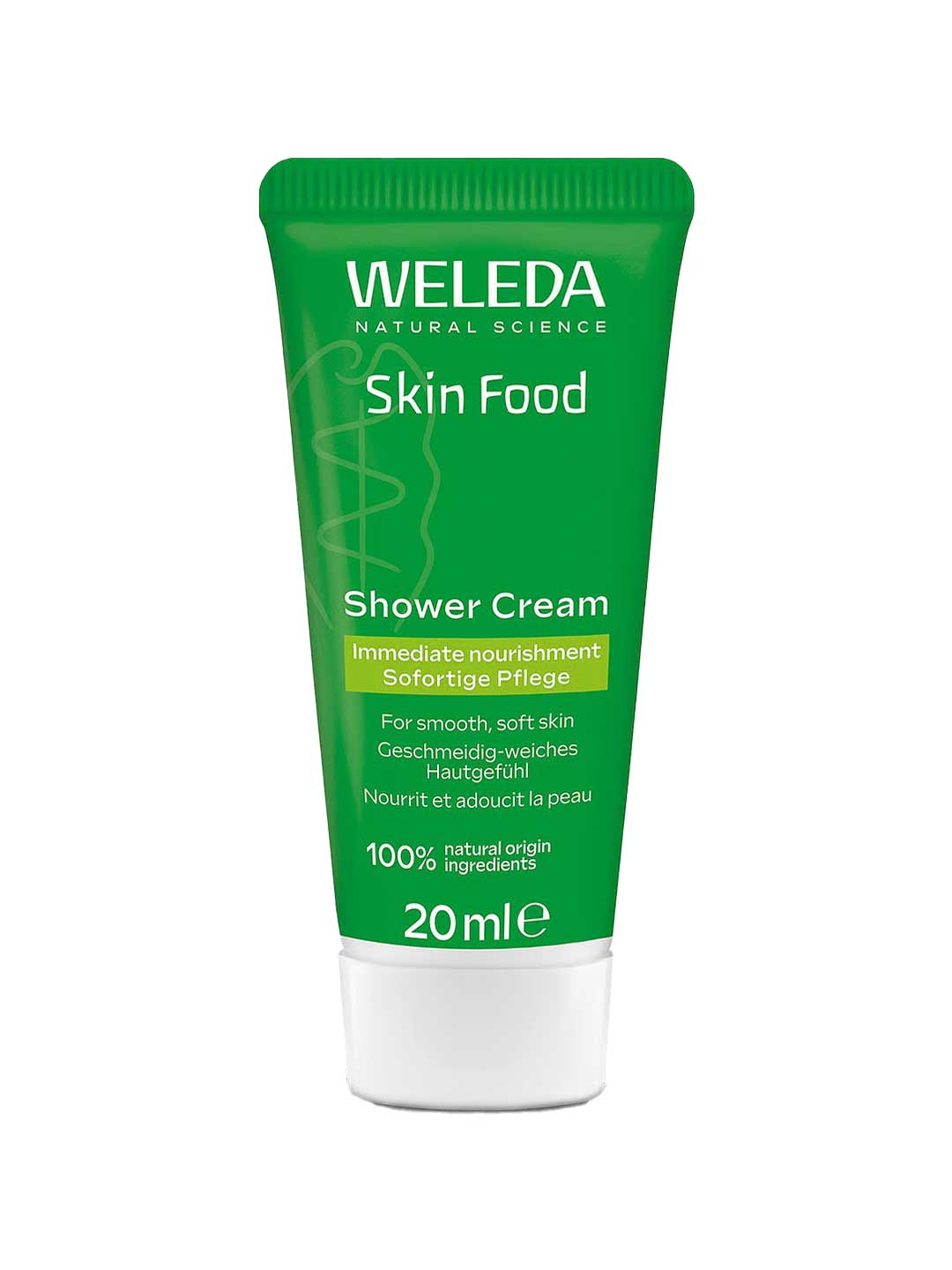 A green tube of Weleda Skin Food Shower Cream 200ml, a nourishing body wash for immediate nourishment and smooth, soft skin with 100% natural origin ingredients.
