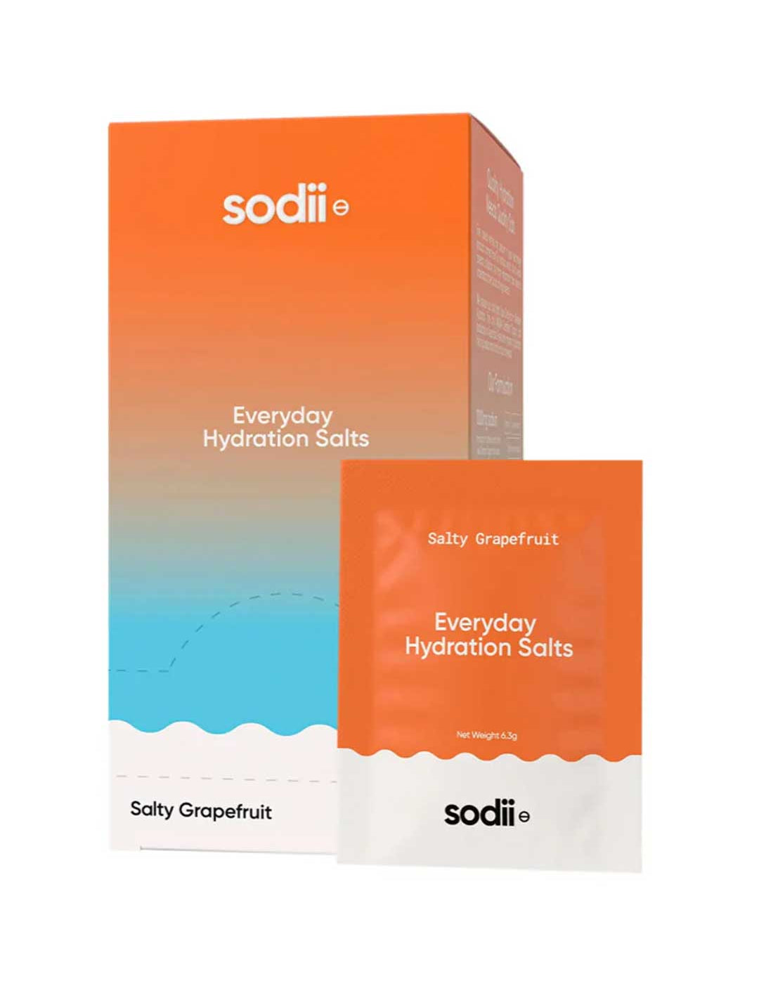Sodii Everyday Hydration Salts Salty Grapefruit 30pk features orange and blue gradient packaging with white text, offering convenient electrolyte sachets for daily hydration.