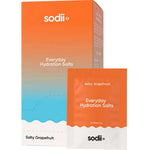 Sodii Everyday Hydration Salts Salty Grapefruit 30pk features orange and blue gradient packaging with white text, offering convenient electrolyte sachets for daily hydration.