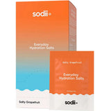 Sodii Everyday Hydration Salts Salty Grapefruit 30pk features orange and blue gradient packaging with white text, offering convenient electrolyte sachets for daily hydration.