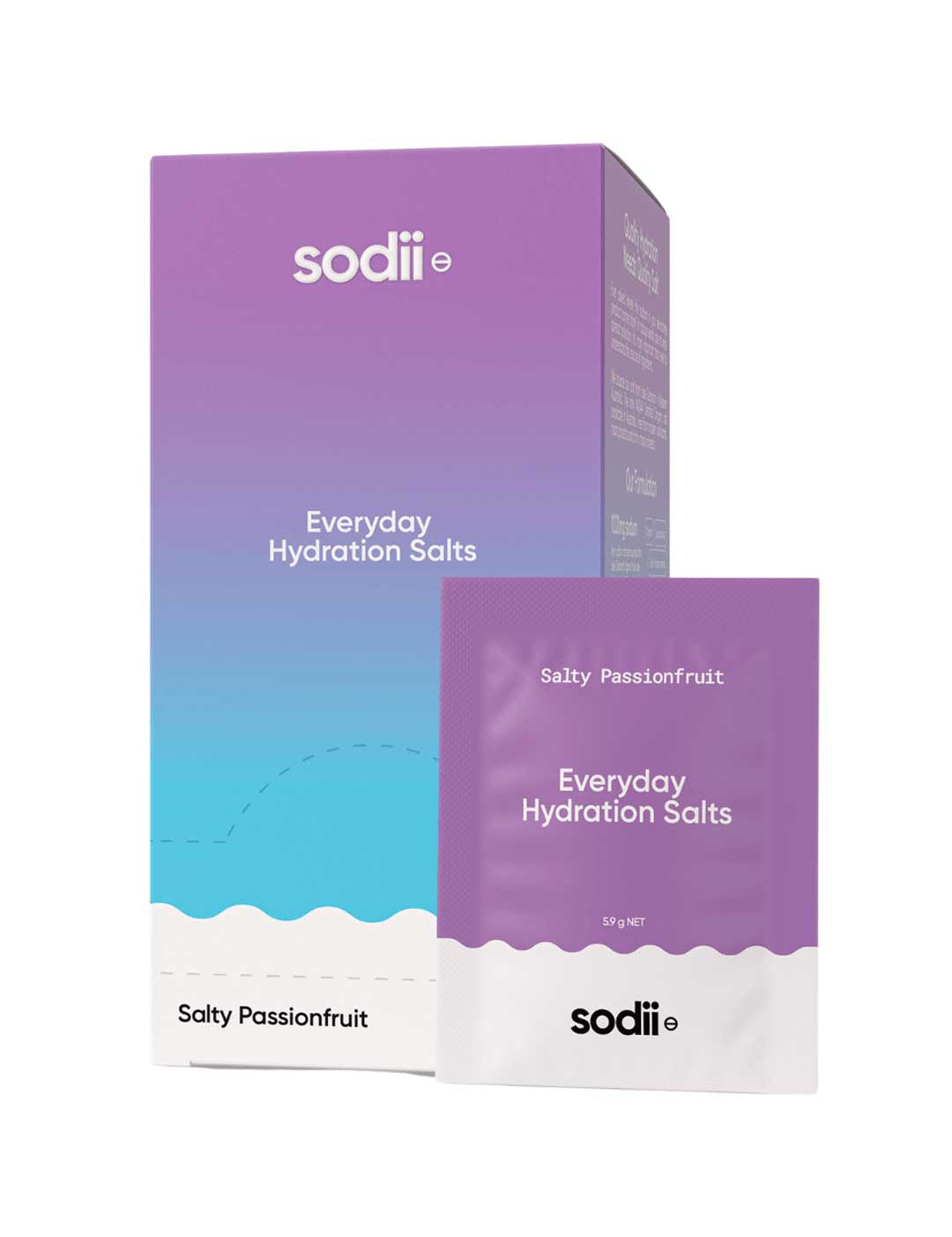 Sodii Everyday Hydration Salts Salty Passionfruit 30pk features a purple and blue gradient box with white text—each sachet provides convenient passionfruit-flavored hydration and essential electrolytes.