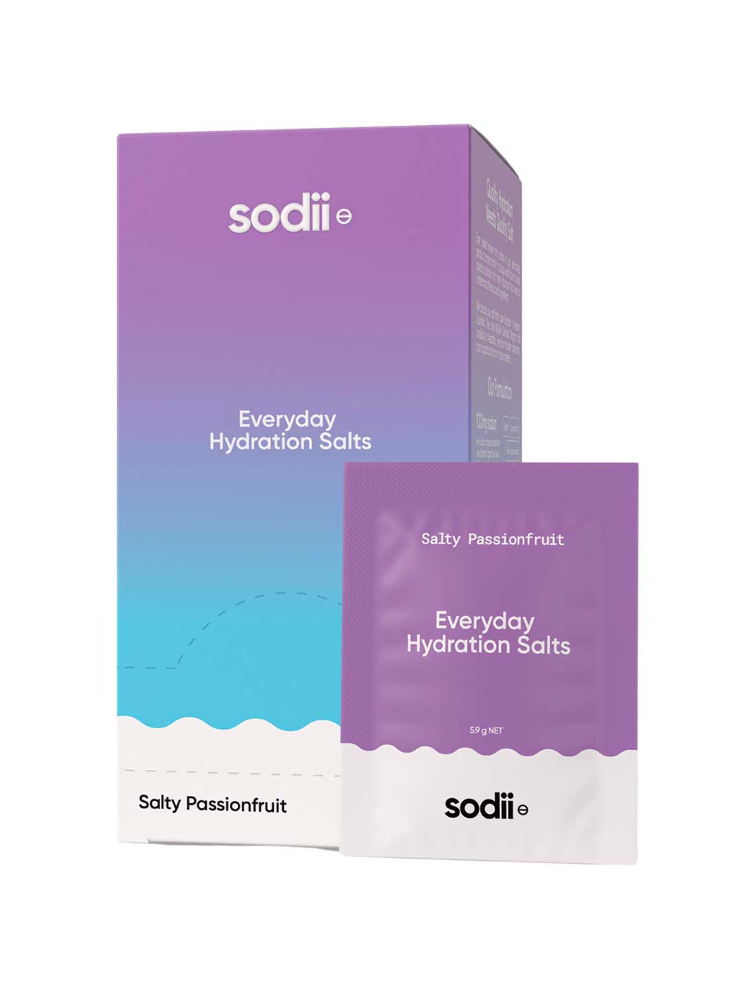 Sodii Everyday Hydration Salts Salty Passionfruit 30pk features a purple and blue gradient box with white text—each sachet provides convenient passionfruit-flavored hydration and essential electrolytes.
