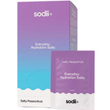 Sodii Everyday Hydration Salts Salty Passionfruit 30pk features a purple and blue gradient box with white text—each sachet provides convenient passionfruit-flavored hydration and essential electrolytes.