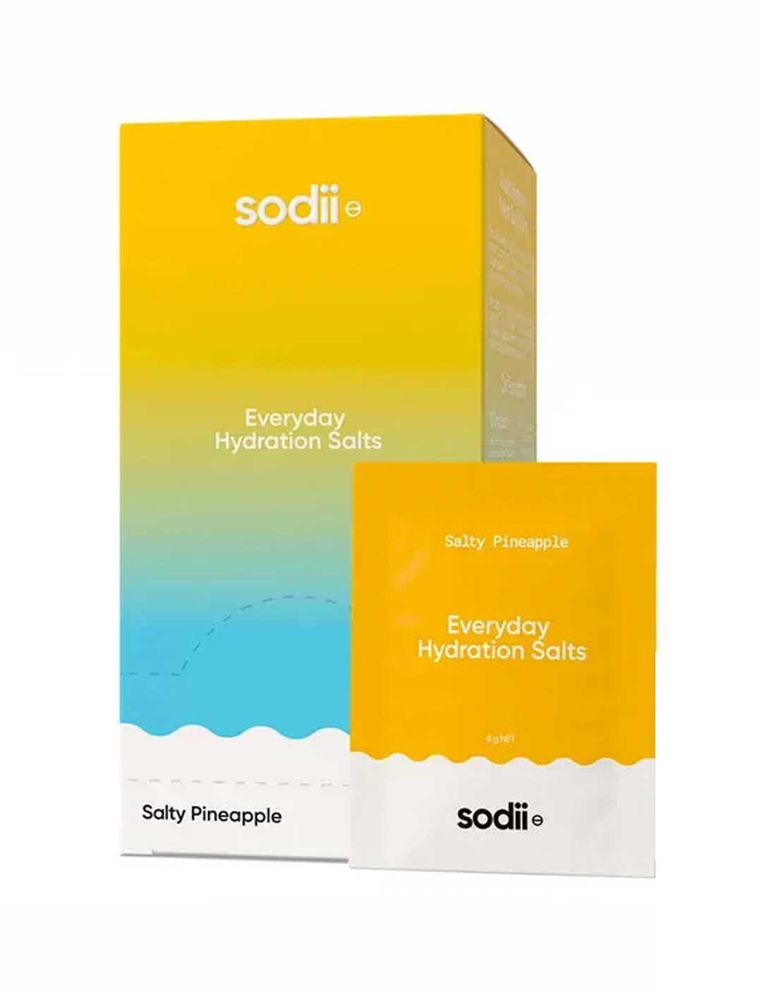 A yellow and white box and packet labeled Sodii Everyday Hydration Salts Salty Pineapple 30pk. The gradient blue and yellow packaging highlights these pineapple-flavored hydration electrolyte sachets.