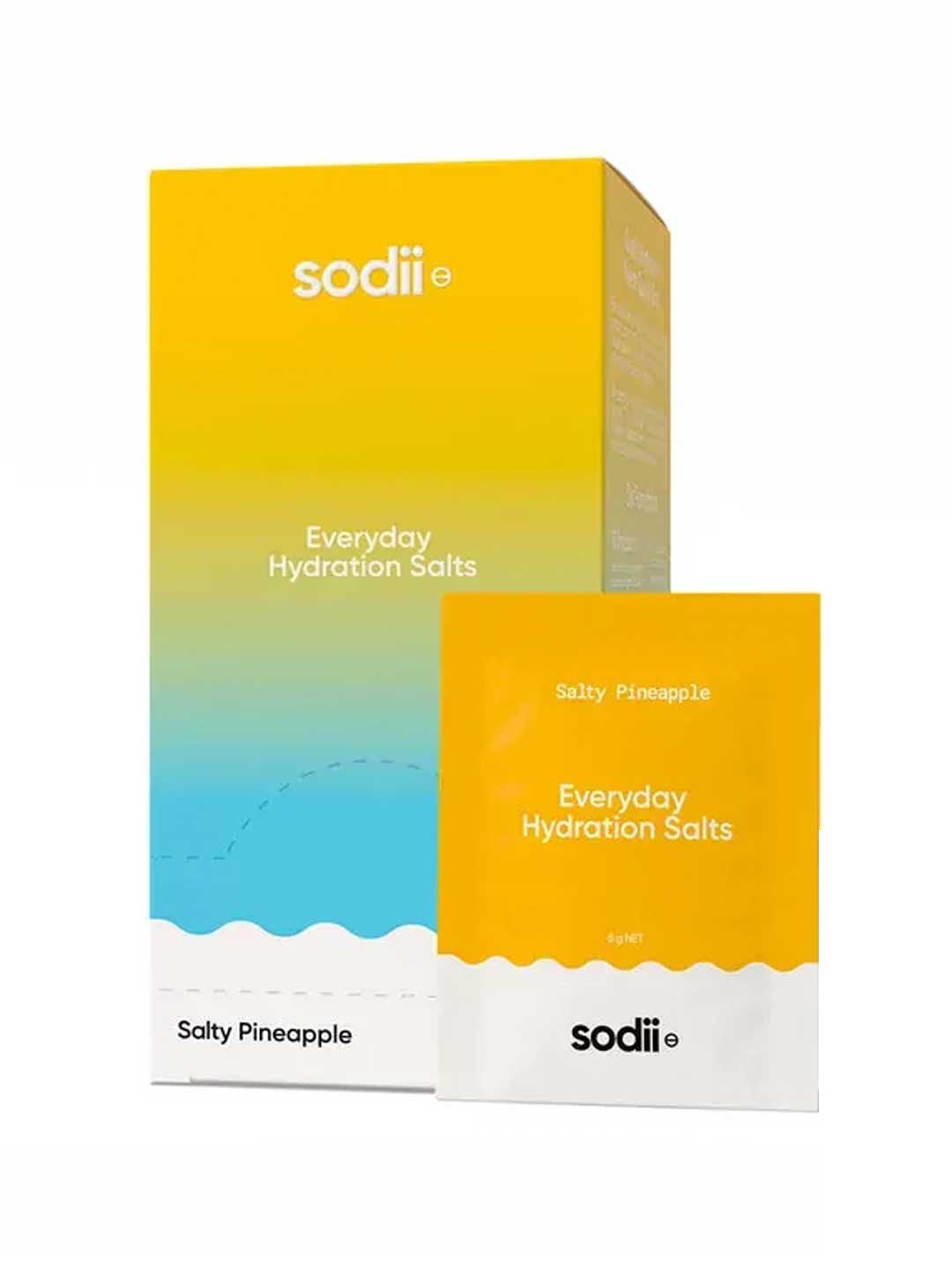 A yellow and white box and packet labeled Sodii Everyday Hydration Salts Salty Pineapple 30pk. The gradient blue and yellow packaging highlights these pineapple-flavored hydration electrolyte sachets.