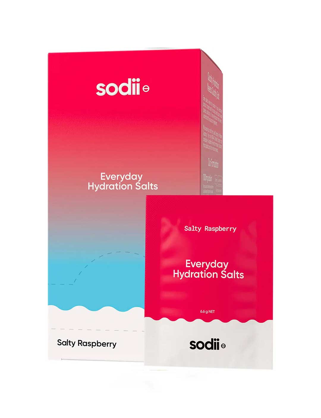 Sodii Everyday Hydration Salts Salty Raspberry 30pk comes in minimalist pink-to-blue gradient packaging with white text—perfect raspberry-flavored electrolyte hydration in convenient sachets.
