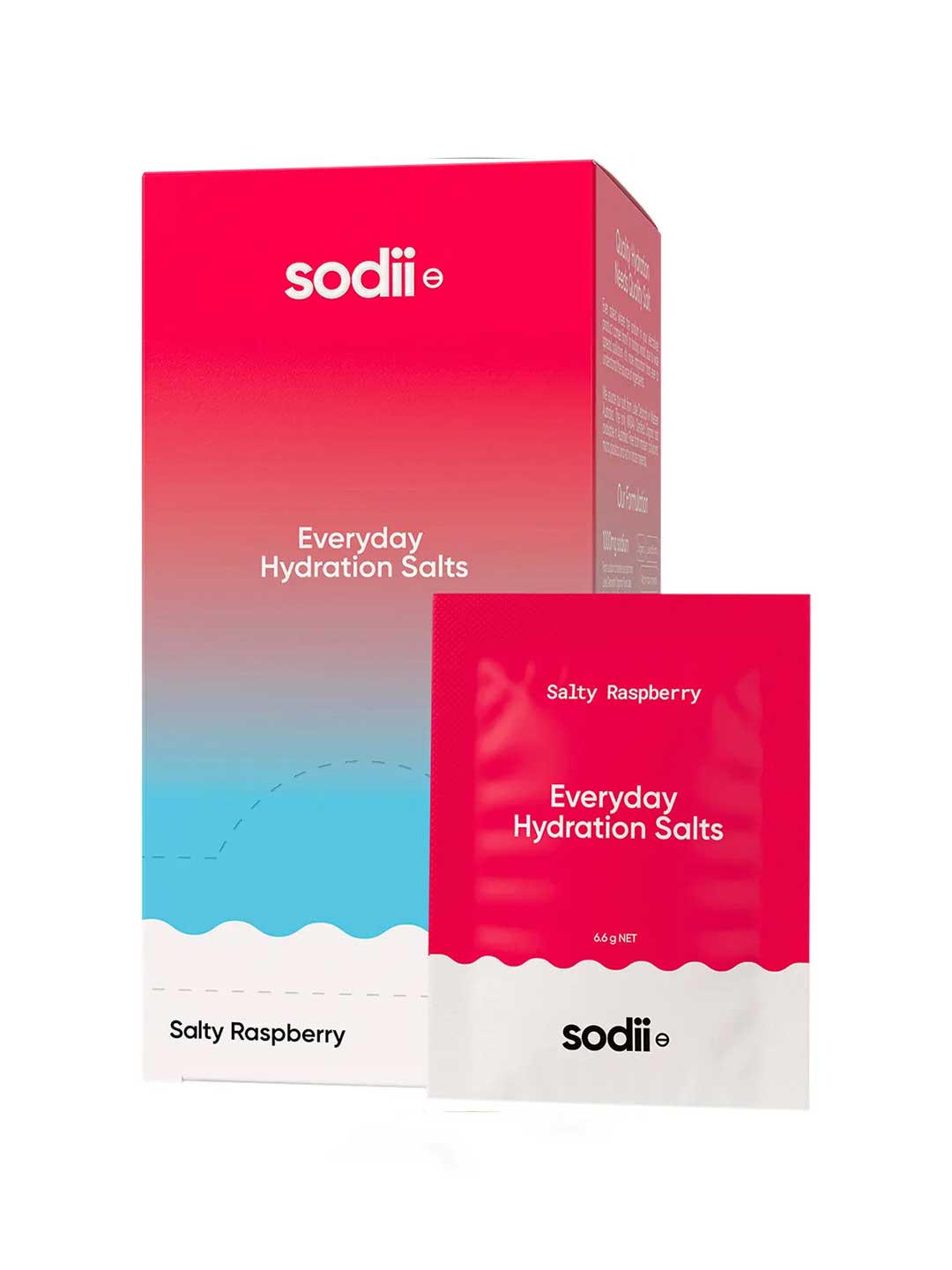 Sodii Everyday Hydration Salts Salty Raspberry 30pk comes in minimalist pink-to-blue gradient packaging with white text—perfect raspberry-flavored electrolyte hydration in convenient sachets.