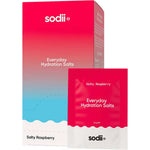 Sodii Everyday Hydration Salts Salty Raspberry 30pk comes in minimalist pink-to-blue gradient packaging with white text—perfect raspberry-flavored electrolyte hydration in convenient sachets.