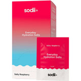 Sodii Everyday Hydration Salts Salty Raspberry 30pk comes in minimalist pink-to-blue gradient packaging with white text—perfect raspberry-flavored electrolyte hydration in convenient sachets.