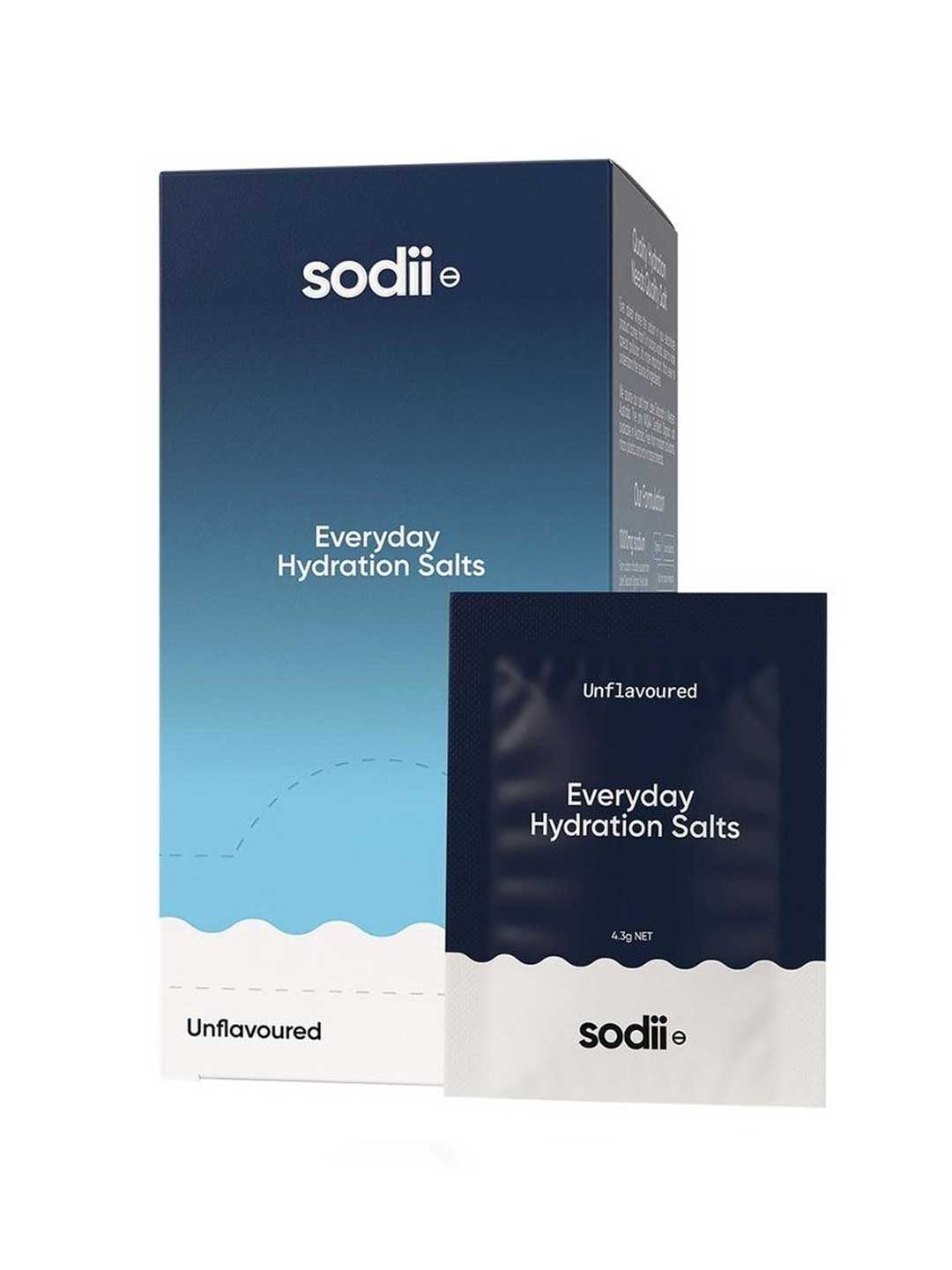 A box and sachet of Sodii Everyday Hydration Salts Unflavoured Sachets, both with a blue and white gradient design and simple white text.
