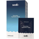 A box and sachet of Sodii Everyday Hydration Salts Unflavoured Sachets, both with a blue and white gradient design and simple white text.