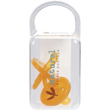 A clear plastic case with a handle holds two yellow baby soothers labeled "Natural Rubber Soother Twin Pack Small Orthodontic 0-6 mths 2pk" in blue and orange text with a leaf logo.