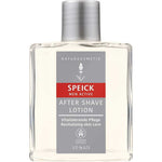 The Speick Men Active After Shave Lotion 100ml comes in a clear rectangular bottle with a gray cap and a gray, white, and red label. It is vegan and designed to revitalize skin after shaving.