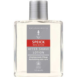 The Speick Men Active After Shave Lotion 100ml comes in a clear rectangular bottle with a gray cap and a gray, white, and red label. It is vegan and designed to revitalize skin after shaving.