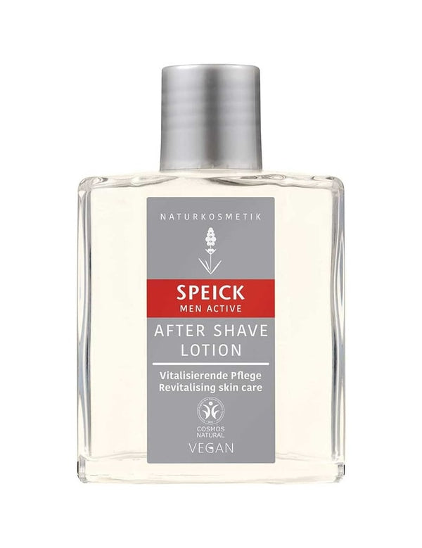 The Speick Men Active After Shave Lotion 100ml comes in a clear rectangular bottle with a gray cap and a gray, white, and red label. It is vegan and designed to revitalize skin after shaving.