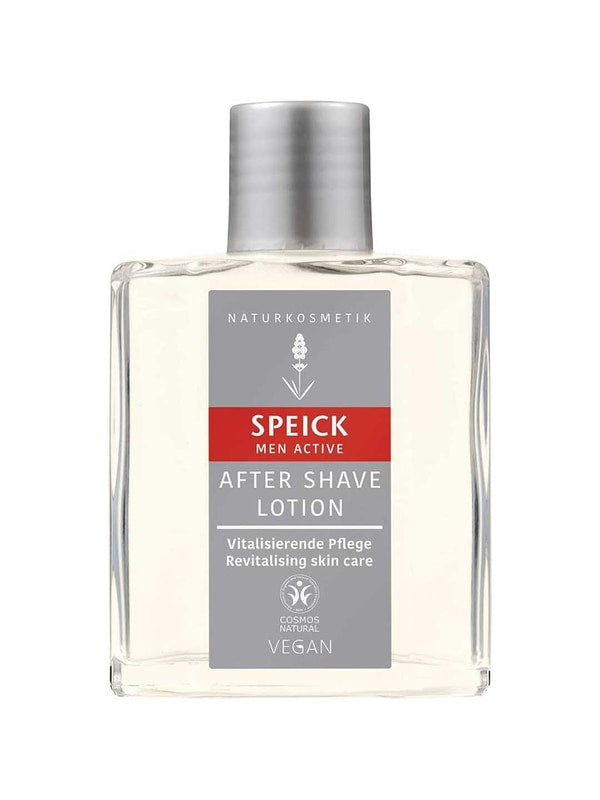 The Speick Men Active After Shave Lotion 100ml comes in a clear rectangular bottle with a gray cap and a gray, white, and red label. It is vegan and designed to revitalize skin after shaving.