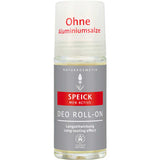 A Speick Men Active Deo Roll On bottle with a gray and red label, German text, and "Ohne Aluminiumsalze" (aluminium-free) noted at the top.