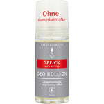A Speick Men Active Deo Roll On bottle with a gray and red label, German text, and "Ohne Aluminiumsalze" (aluminium-free) noted at the top.
