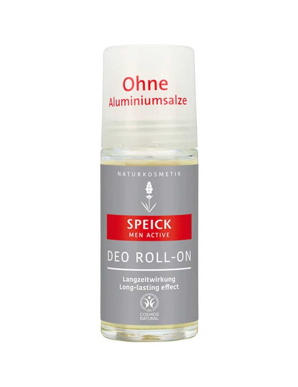 A Speick Men Active Deo Roll On bottle with a gray and red label, German text, and "Ohne Aluminiumsalze" (aluminium-free) noted at the top.