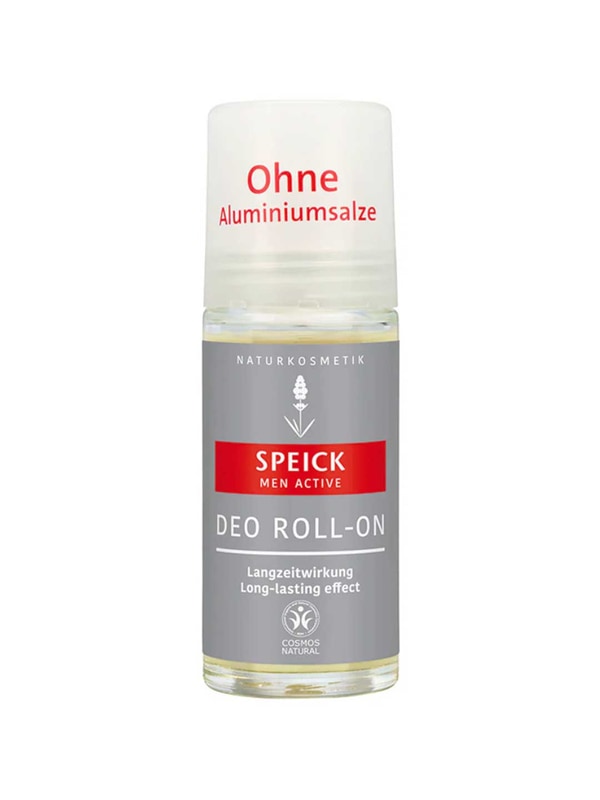 A Speick Men Active Deo Roll On bottle with a gray and red label, German text, and "Ohne Aluminiumsalze" (aluminium-free) noted at the top.