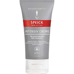 A gray and white 50ml tube of Speick Men Active Intensive Cream, labeled vegan with natural Coenzyme Q10 and English, German, and French text, delivers intensive after-shave care ideal for men’s sensitive skin.