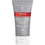A gray and white 50ml tube of Speick Men Active Intensive Cream, labeled vegan with natural Coenzyme Q10 and English, German, and French text, delivers intensive after-shave care ideal for men’s sensitive skin.