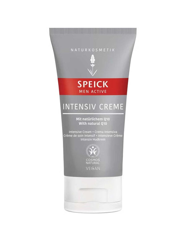 A gray and white 50ml tube of Speick Men Active Intensive Cream, labeled vegan with natural Coenzyme Q10 and English, German, and French text, delivers intensive after-shave care ideal for men’s sensitive skin.
