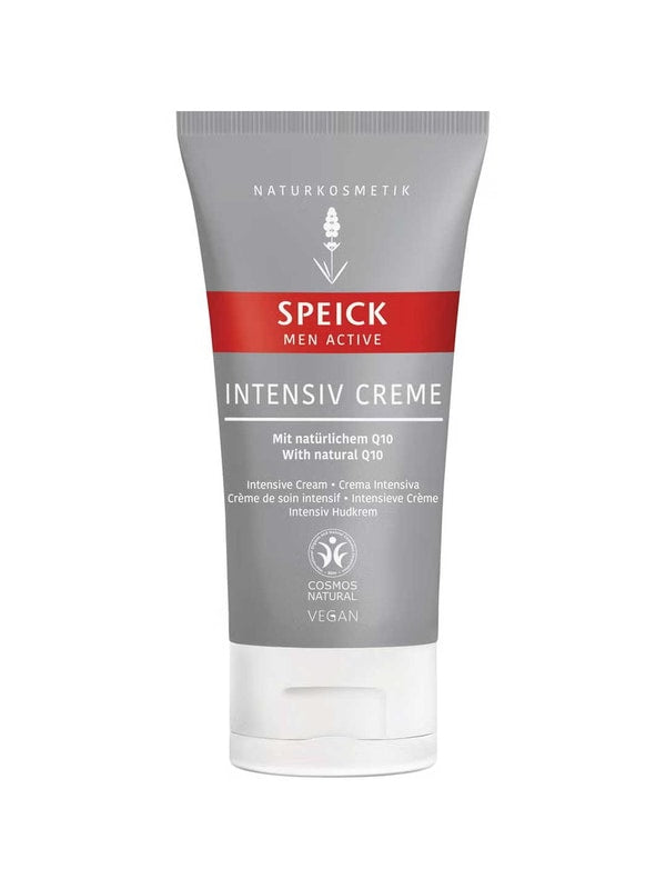 A gray and white 50ml tube of Speick Men Active Intensive Cream, labeled vegan with natural Coenzyme Q10 and English, German, and French text, delivers intensive after-shave care ideal for men’s sensitive skin.