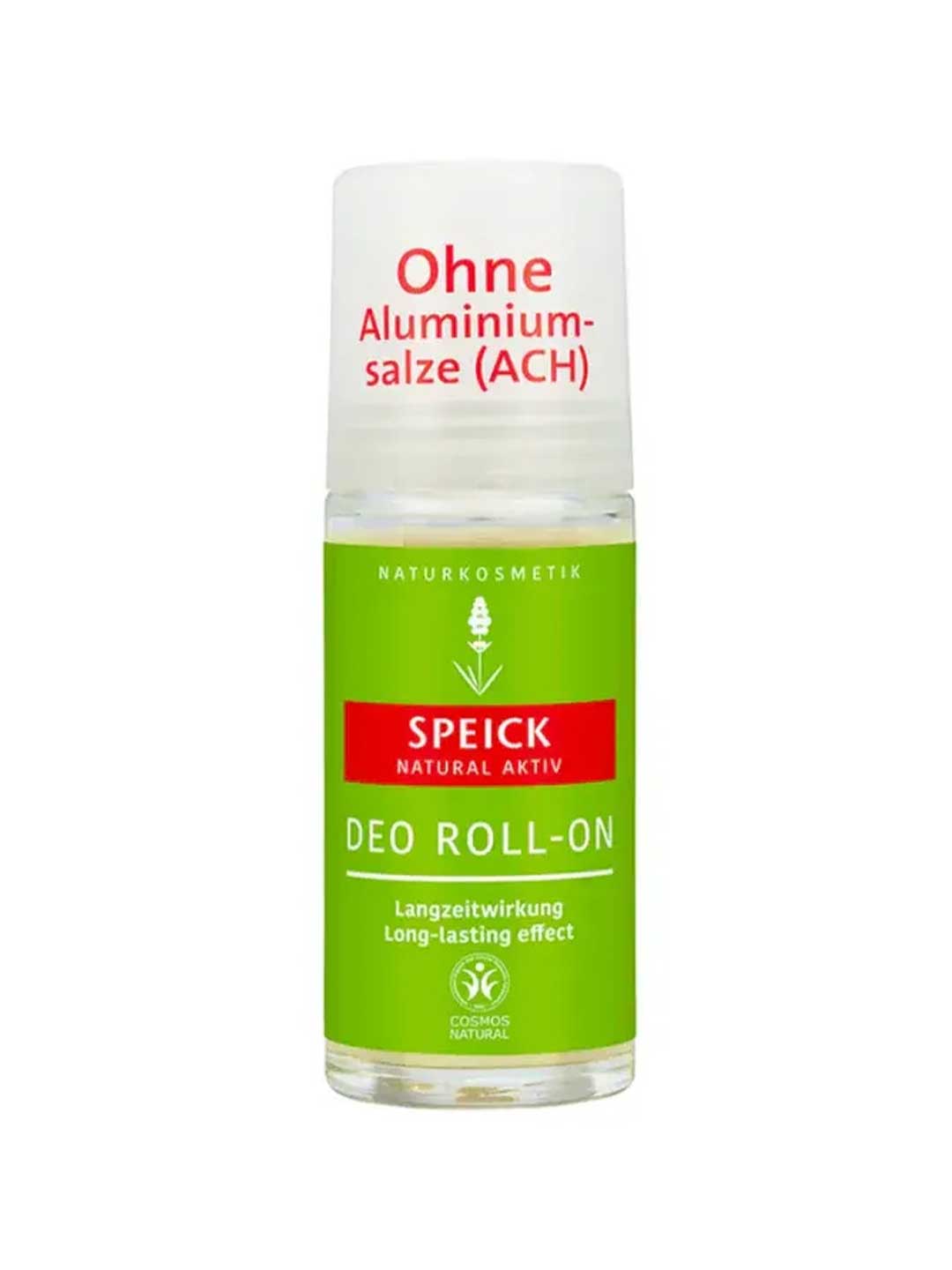 Deodorant roll-on bottle with green and red label on a white background