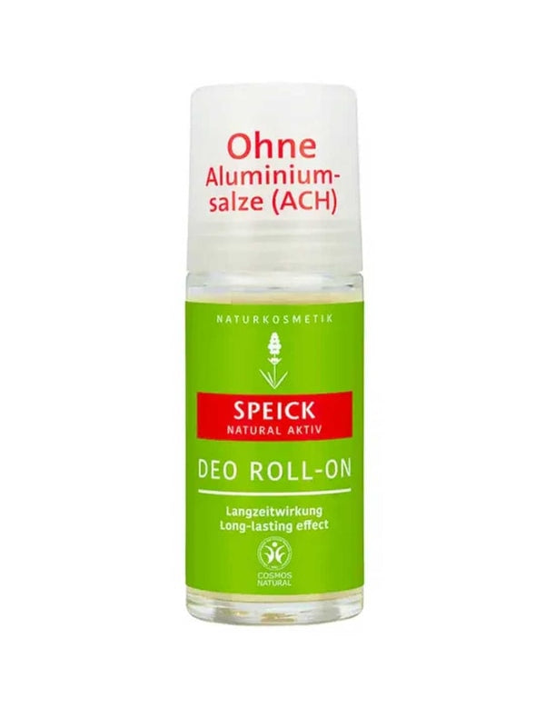 Deodorant roll-on bottle with green and red label on a white background