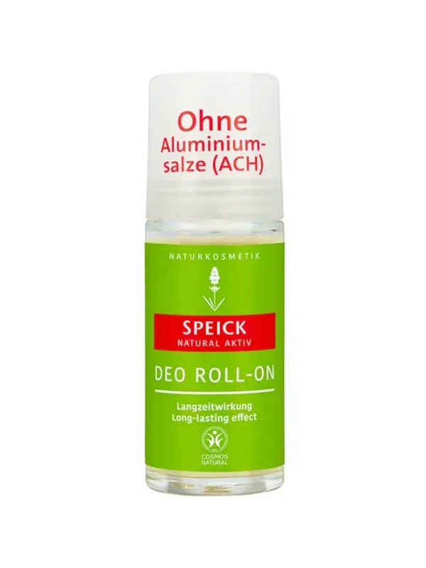 Deodorant roll-on bottle with green and red label on a white background