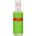 A bottle of Speick Natural Active Deo Spray with a green label and clear cap. This vegan, aluminium-free deodorant features organic sage extract, offers long-lasting protection, and has both German and English text on the packaging.