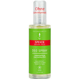 A bottle of Speick Natural Active Deo Spray with a green label and clear cap. This vegan, aluminium-free deodorant features organic sage extract, offers long-lasting protection, and has both German and English text on the packaging.