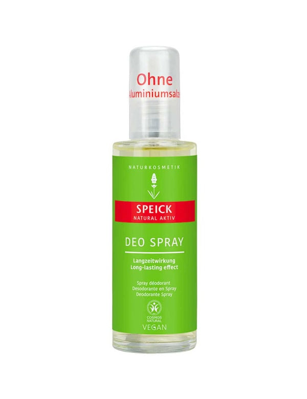 A bottle of Speick Natural Active Deo Spray with a green label and clear cap. This vegan, aluminium-free deodorant features organic sage extract, offers long-lasting protection, and has both German and English text on the packaging.