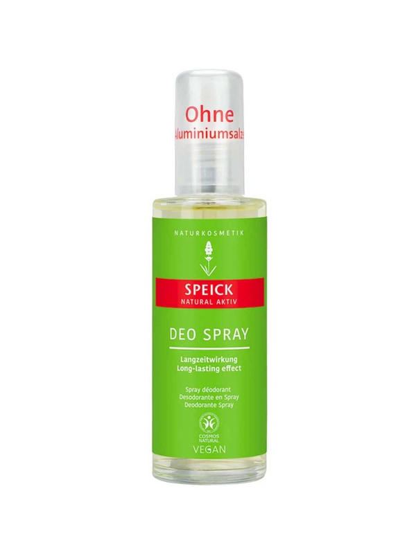A bottle of Speick Natural Active Deo Spray with a green label and clear cap. This vegan, aluminium-free deodorant features organic sage extract, offers long-lasting protection, and has both German and English text on the packaging.
