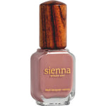 A bottle of Sienna Byron Bay Nail Polish in the shade Stone, featuring a brown wooden cap and a muted mauve-pink color, displayed against a white background.