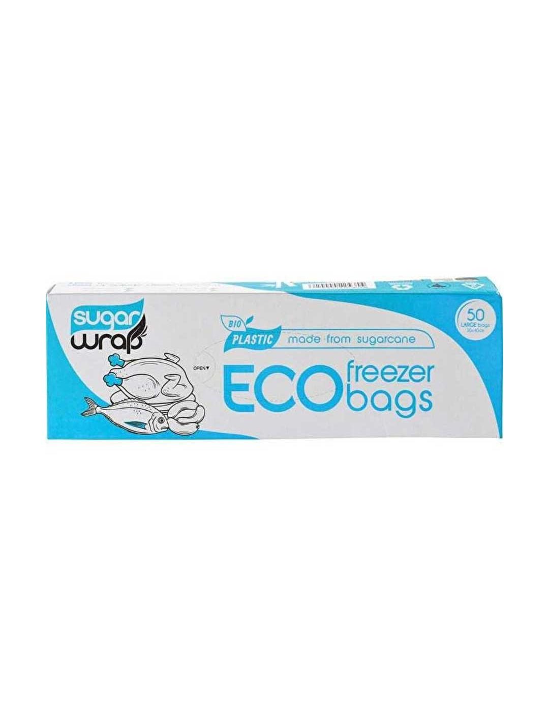 SugarWrap Eco Freezer Bags Made from Sugarcane Large 50pk come in a white and blue box with fish and vegetable illustrations. These sustainable freezer bags are made from sugarcane, with 50 large bags per pack.