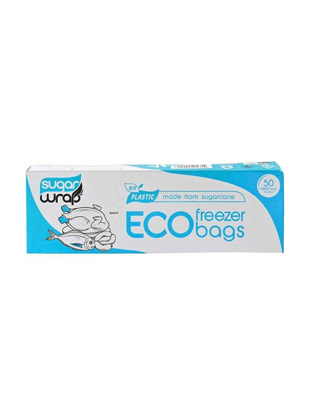 SugarWrap Eco Freezer Bags Made from Sugarcane Large 50pk come in a white and blue box with fish and vegetable illustrations. These sustainable freezer bags are made from sugarcane, with 50 large bags per pack.