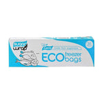 SugarWrap Eco Freezer Bags Made from Sugarcane Large 50pk come in a white and blue box with fish and vegetable illustrations. These sustainable freezer bags are made from sugarcane, with 50 large bags per pack.