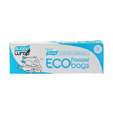SugarWrap Eco Freezer Bags Made from Sugarcane Large 50pk come in a white and blue box with fish and vegetable illustrations. These sustainable freezer bags are made from sugarcane, with 50 large bags per pack.