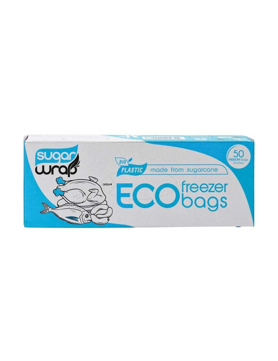 SugarWrap Eco Freezer Bags Made from Sugarcane Medium 50pk come in blue and white packaging with fish and produce illustrations, containing 50 medium-size eco-friendly bags made from sustainable sugarcane bioplastic.