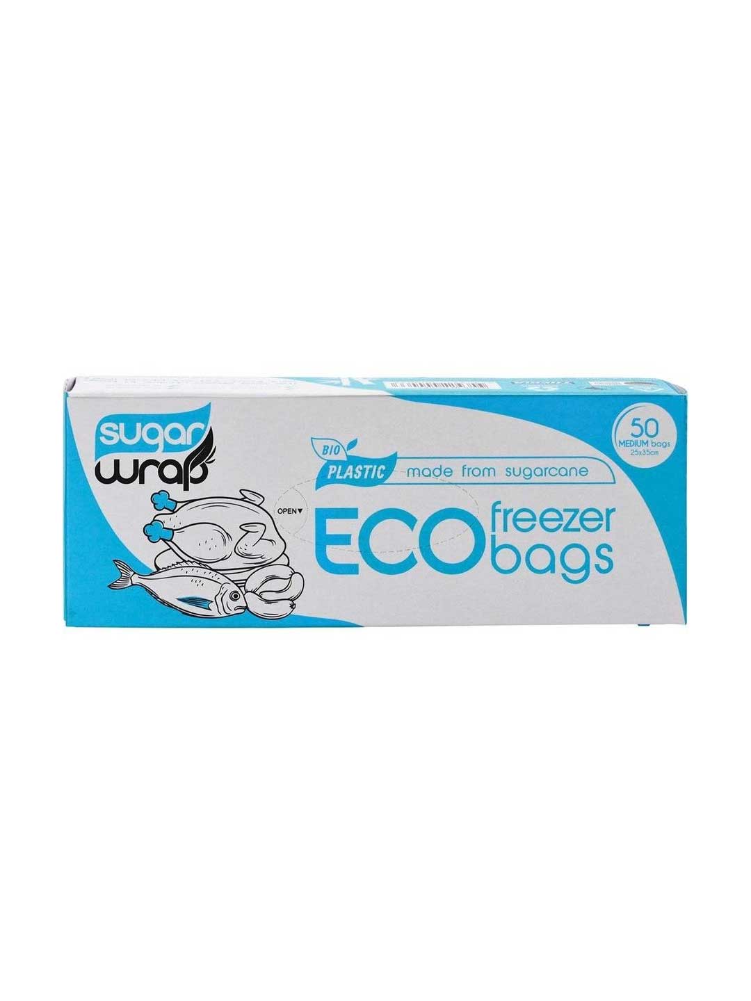 SugarWrap Eco Freezer Bags Made from Sugarcane Medium 50pk come in blue and white packaging with fish and produce illustrations, containing 50 medium-size eco-friendly bags made from sustainable sugarcane bioplastic.