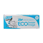 SugarWrap Eco Freezer Bags Made from Sugarcane Medium 50pk come in blue and white packaging with fish and produce illustrations, containing 50 medium-size eco-friendly bags made from sustainable sugarcane bioplastic.