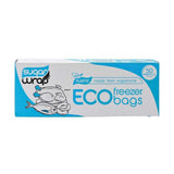 SugarWrap Eco Freezer Bags Made from Sugarcane Medium 50pk come in blue and white packaging with fish and produce illustrations, containing 50 medium-size eco-friendly bags made from sustainable sugarcane bioplastic.